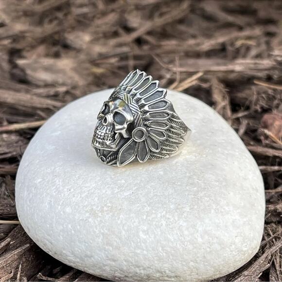 Mens Biker hotrod sterling silver native American chief indian skull ring size 9 - Picture 3 of 5